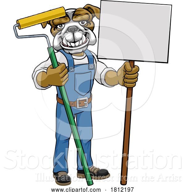 Vector Illustration of Cartoon Bulldog Painter Decorator Paint Roller Mascot Guy