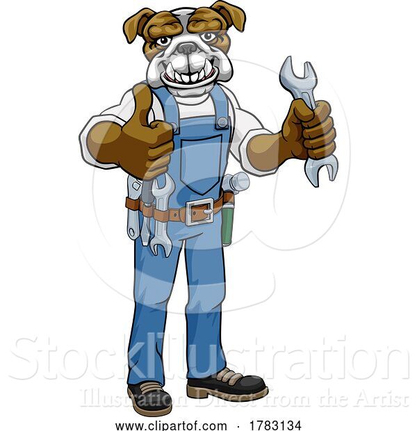 Vector Illustration of Cartoon Bulldog Plumber or Mechanic Holding Spanner