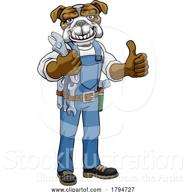 Vector Illustration of Cartoon Bulldog Plumber or Mechanic Holding Spanner