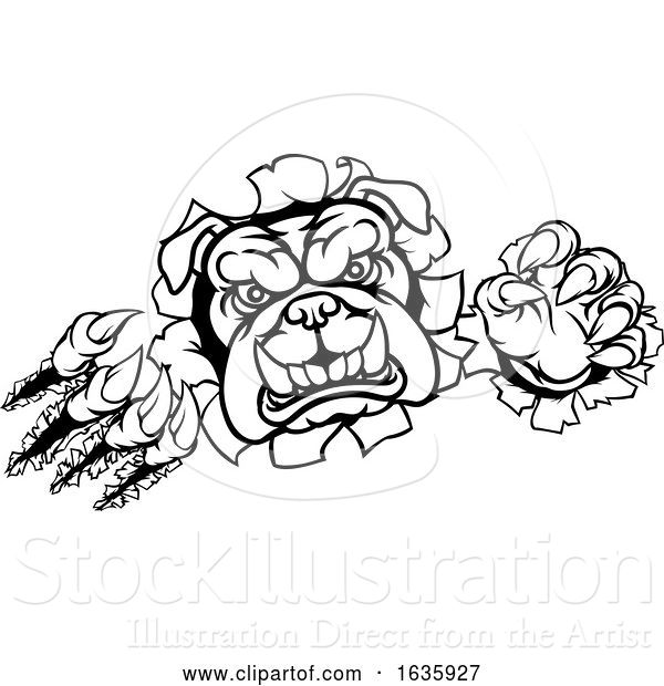 Vector Illustration of Cartoon Bulldog Sports Mascot Tearing Through Background