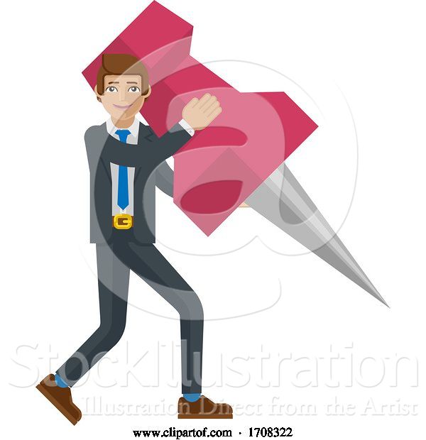 Vector Illustration of Cartoon Businessman Holding Thumb Tack Pin Mascot Concept