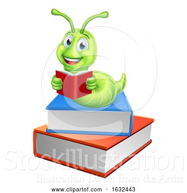 Vector Illustration of Cartoon Caterpillar Bookworm Worm on Books Reading
