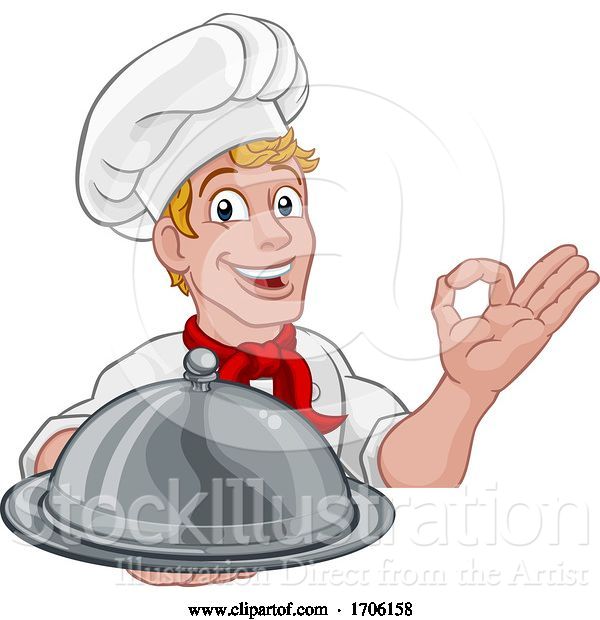 Vector Illustration of Cartoon Chef Cook Baker Guy Holding Domed Tray