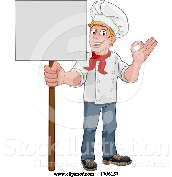 Vector Illustration of Cartoon Chef Cook Baker Guy Holding Sign