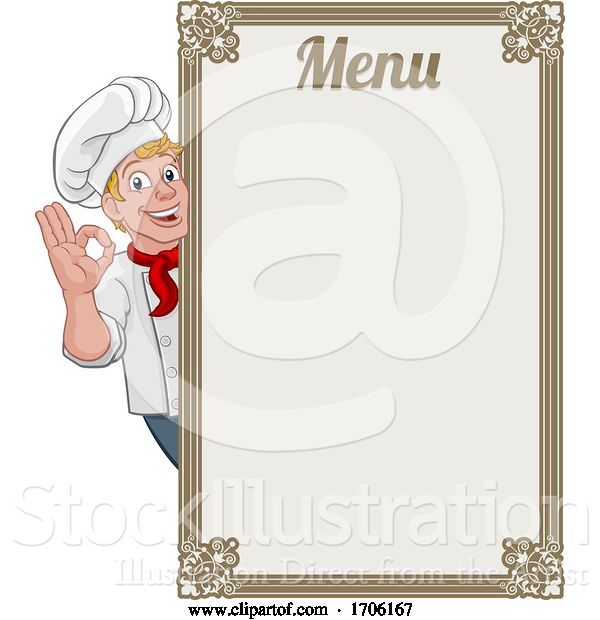 Vector Illustration of Cartoon Chef Cook Baker Guy Menu Sign Background