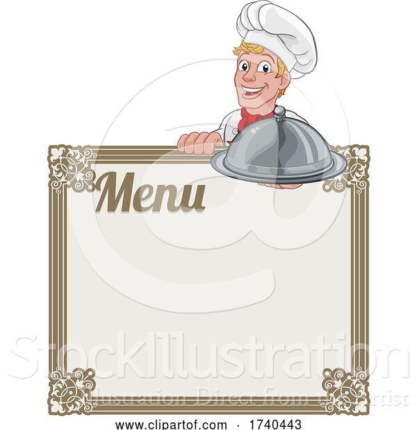 Vector Illustration of Cartoon Chef Cook Baker Guy Menu Sign Background