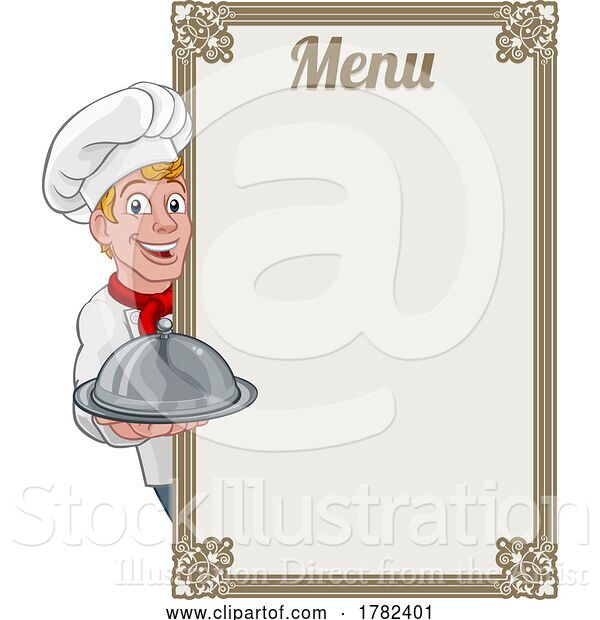 Vector Illustration of Cartoon Chef Cook Baker Guy Menu Sign Background