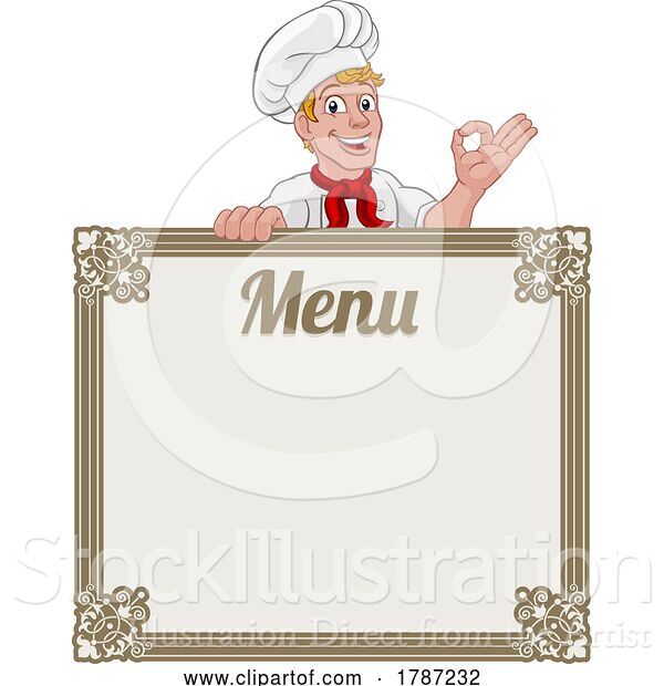 Vector Illustration of Cartoon Chef Cook Baker Guy Menu Sign Background