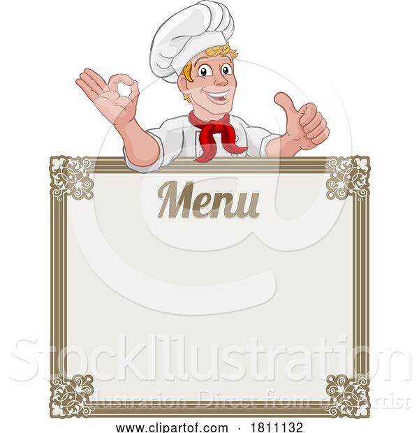 Vector Illustration of Cartoon Chef Cook Baker Guy Menu Sign Background