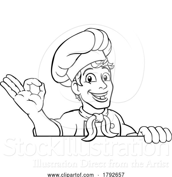 Vector Illustration of Cartoon Chef Cook Baker Guy Peeking over Sign