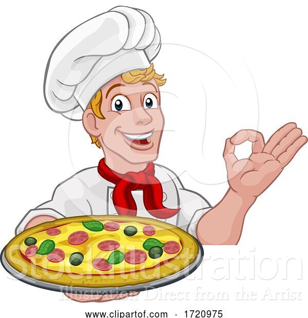 Vector Illustration of Cartoon Chef Cook Guy Holding a Pizza