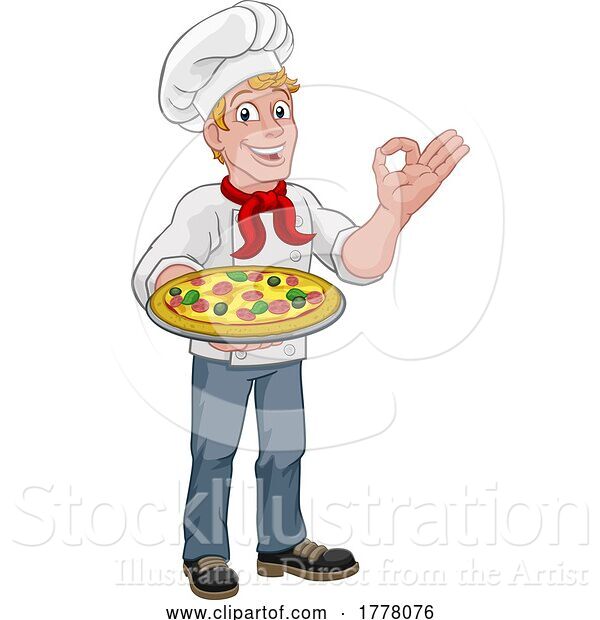 Vector Illustration of Cartoon Chef Cook Guy Holding a Pizza