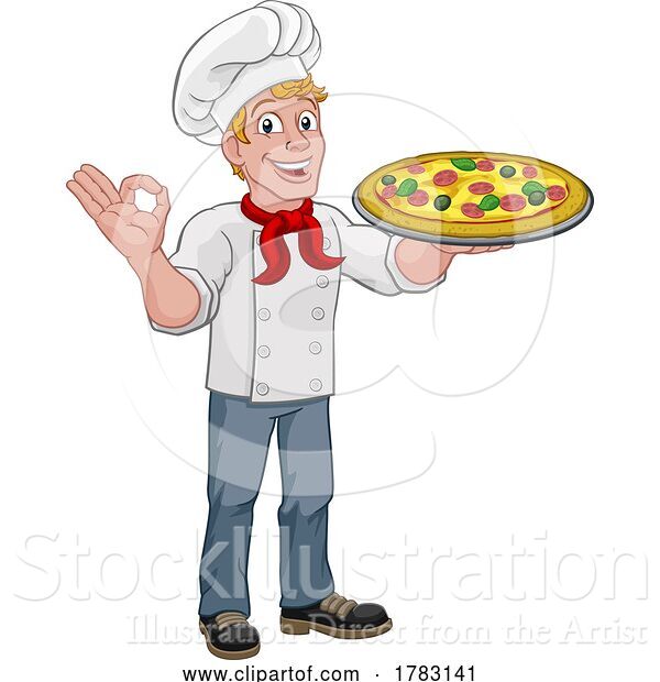 Vector Illustration of Cartoon Chef Cook Guy Holding a Pizza