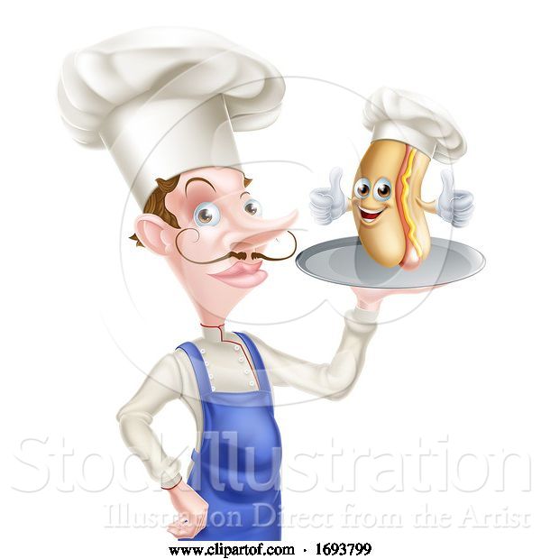 Vector Illustration of Cartoon Chef Holding Hot Dog on Tray