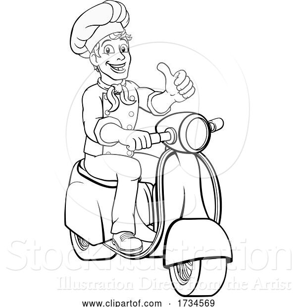 Vector Illustration of Cartoon Chef Moped Scooter Food Delivery Guy Cartoon