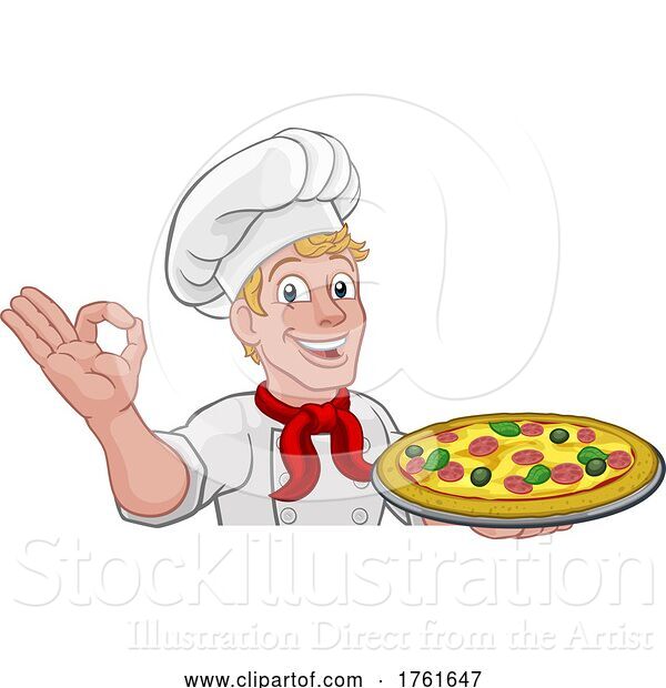 Vector Illustration of Cartoon Chef Pizza Cook Guy Peeking over Sign