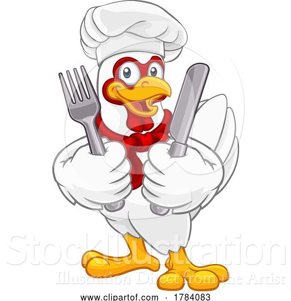 Vector Illustration of Cartoon Chicken Chef Rooster Cockerel Knife Fork Cartoon