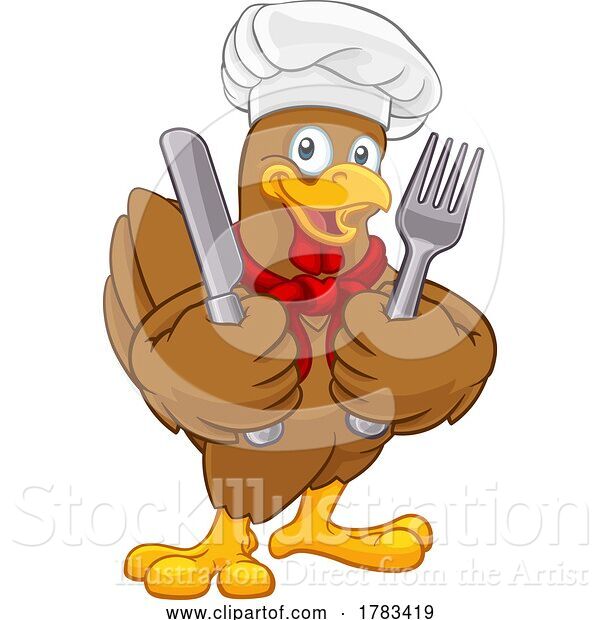 Vector Illustration of Cartoon Chicken Chef Rooster Cockerel Knife Fork Cartoon