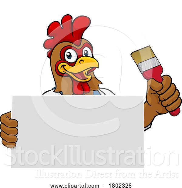 Vector Illustration of Cartoon Chicken Painter Decorator Paint Brush Mascot