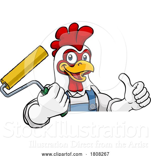 Vector Illustration of Cartoon Chicken Painter Decorator Paint Roller Mascot