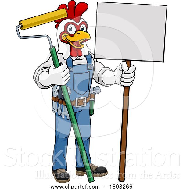 Vector Illustration of Cartoon Chicken Painter Decorator Paint Roller Mascot