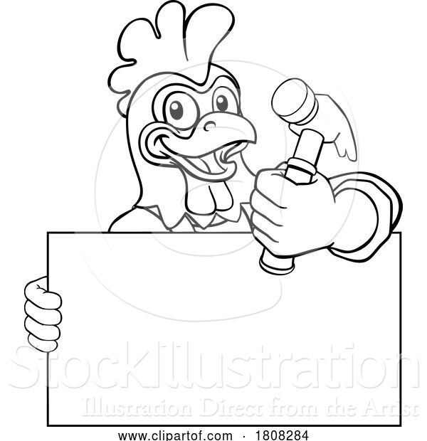 Vector Illustration of Cartoon Chicken Rooster Hammer Handyman Carpenter