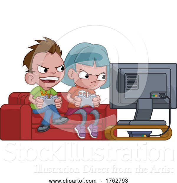Vector Illustration of Cartoon Children Gamers Playing Video Games Console Cartoon