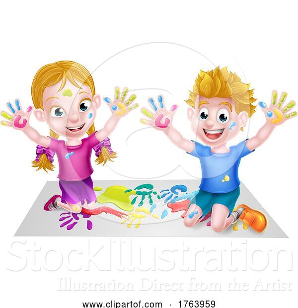 Vector Illustration of Cartoon Children Playing with Paint