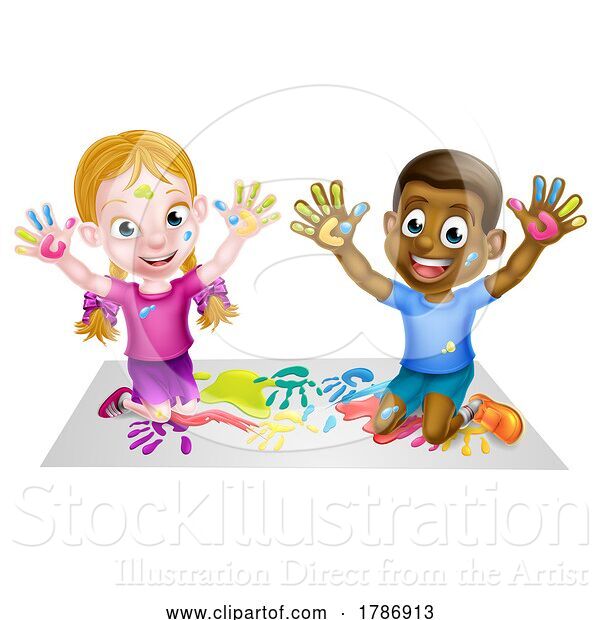 Vector Illustration of Cartoon Children Playing with Paint