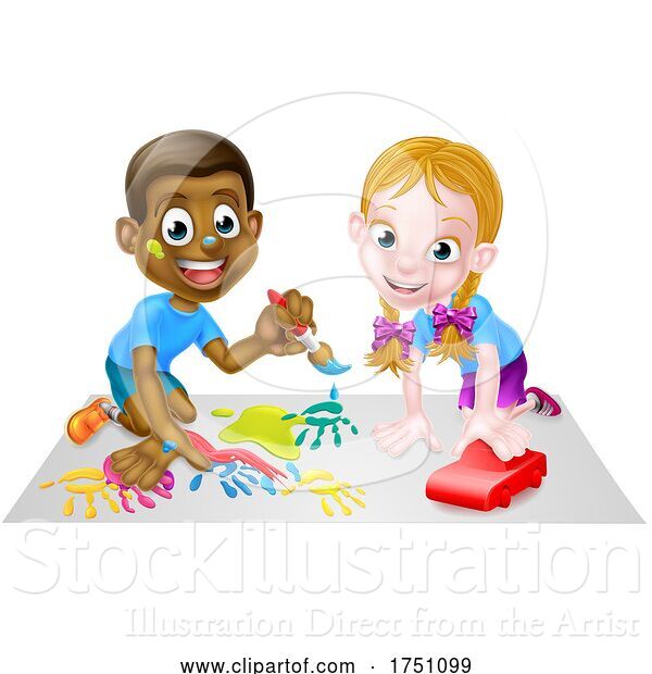 Vector Illustration of Cartoon Children Playing with Paints and Car