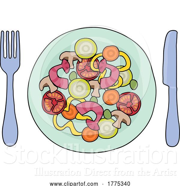 Vector Illustration of Cartoon Chinese Food or Curry Plate Knife and Fork Meal