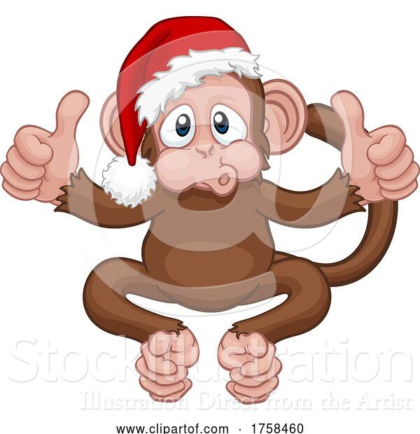 Vector Illustration of Cartoon Christmas Monkey Character in Santa Hat