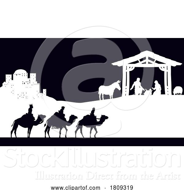 Vector Illustration of Cartoon Christmas Nativity Scene Bethlehem Manger Wise Men