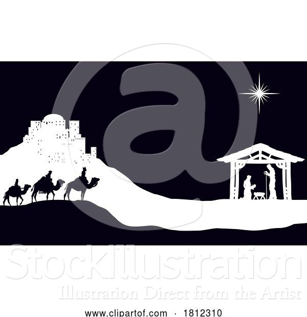 Vector Illustration of Cartoon Christmas Nativity Scene Bethlehem Manger Wise Men