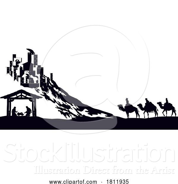 Vector Illustration of Cartoon Christmas Nativity Scene Bethlehem Manger Wise Men