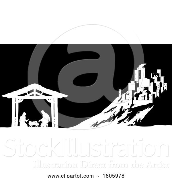 Vector Illustration of Cartoon Christmas Nativity Scene Manger and Bethlehem