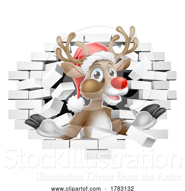 Vector Illustration of Cartoon Christmas Reindeer in Santa Hat Breaking Wall