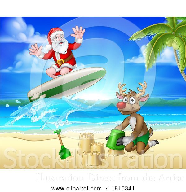 Vector Illustration of Cartoon Christmas Santa Claus and Reindeer Beach Scene