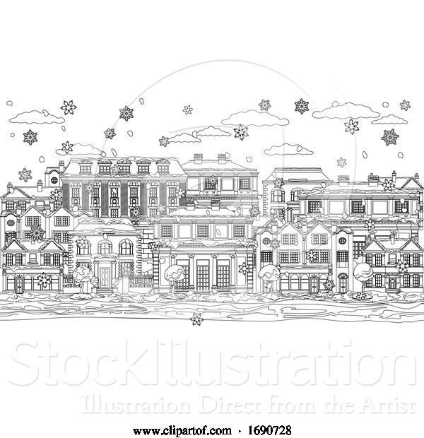 Vector Illustration of Cartoon Christmas Snow Houses Coloring Outline Scene