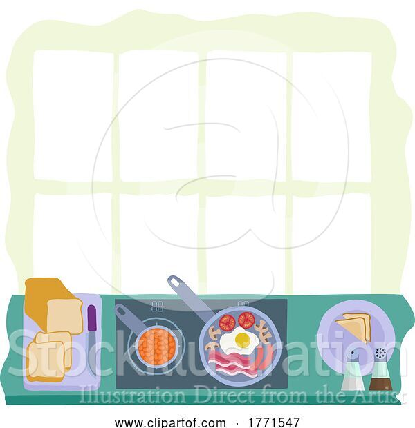 Vector Illustration of Cartoon Cooking Food Full English Fried Breakfast Kitchen