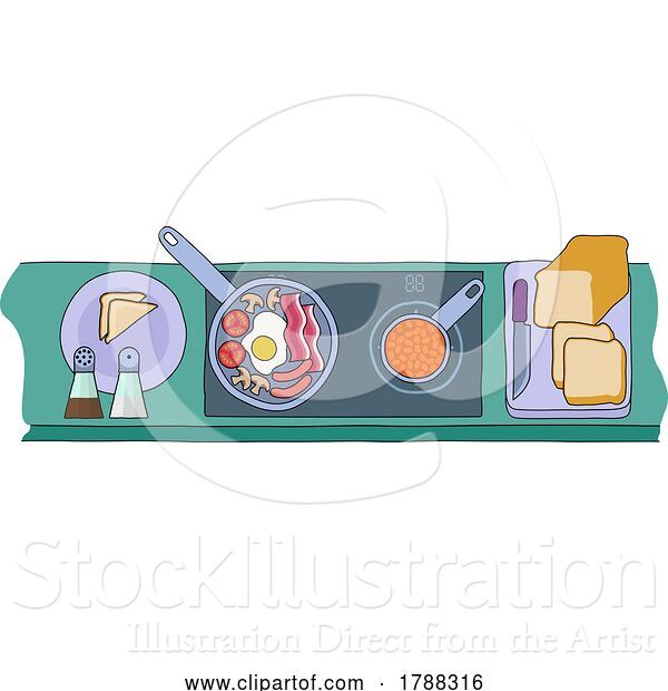 Vector Illustration of Cartoon Cooking Food Full English Fried Breakfast Kitchen