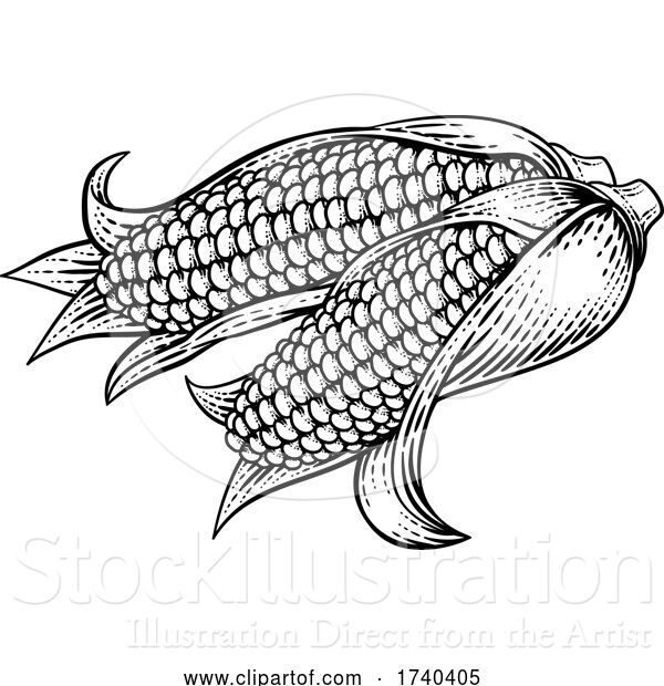 Vector Illustration of Cartoon Corn Vegetable Vintage Woodcut Illustration