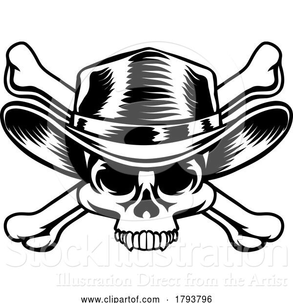 Vector Illustration of Cartoon Cowboy Hat Western Skull Pirate Cross Bones