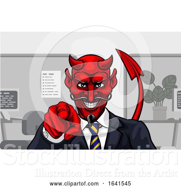 Vector Illustration of Cartoon Devil Evil Business Man in Suit Pointing