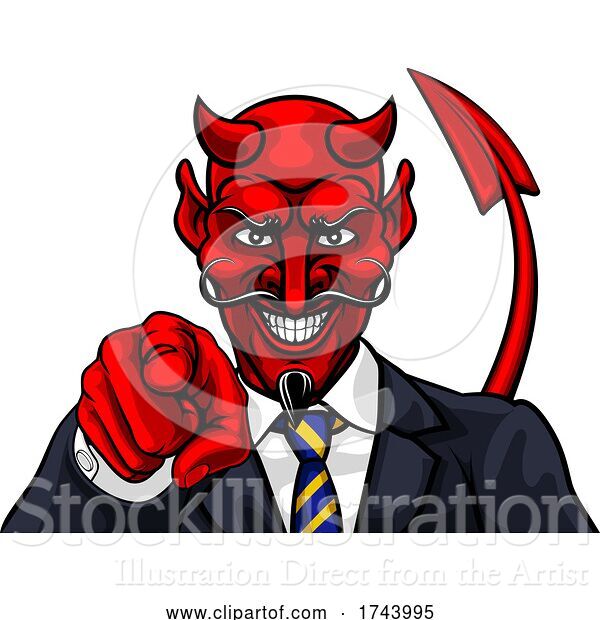 Vector Illustration of Cartoon Devil Evil Business Man in Suit Pointing