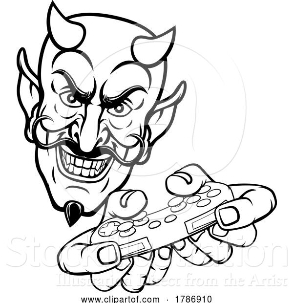 Vector Illustration of Cartoon Devil Gamer Video Game Controller Mascot Cartoon