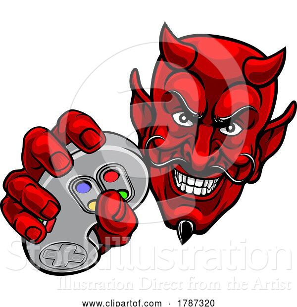 Vector Illustration of Cartoon Devil Gamer Video Game Controller Mascot Cartoon