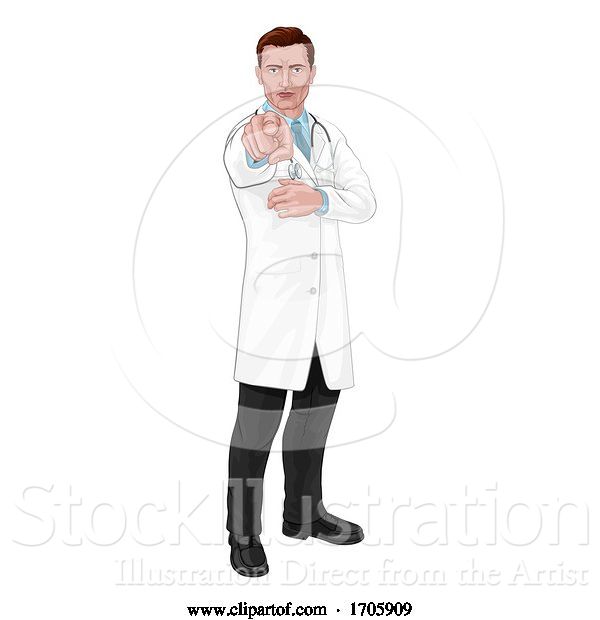Vector Illustration of Cartoon Doctor Wants or Needs You Pointing Medical Concept