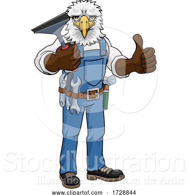 Vector Illustration of Cartoon Eagle Car or Window Cleaner Holding Squeegee