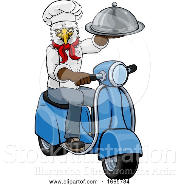 Vector Illustration of Cartoon Eagle Chef Scooter Delivery Mascot
